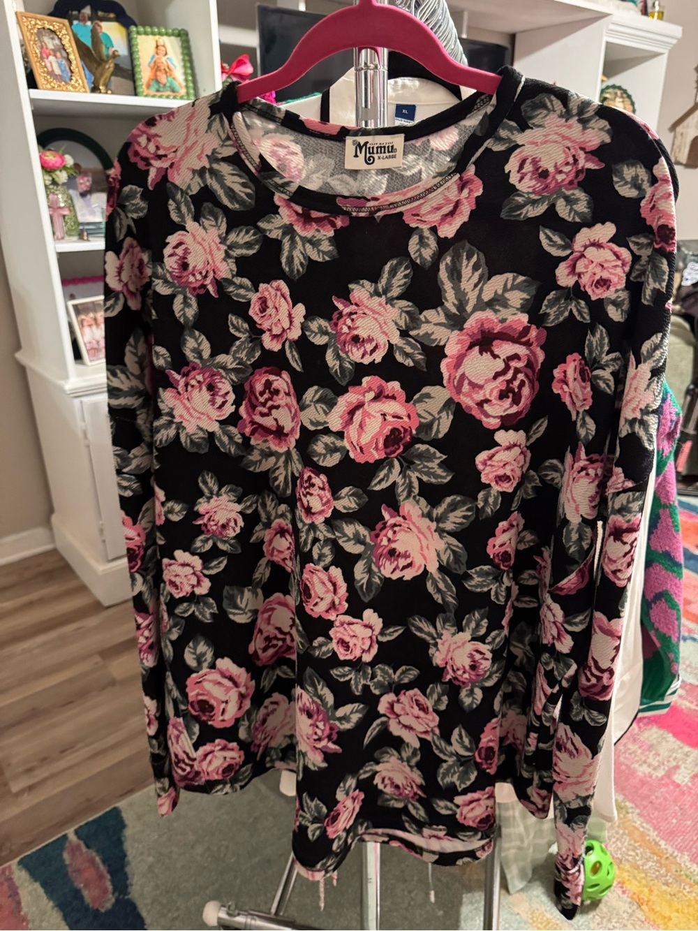 Show Me Your MuMu Black Long-Sleeve Crewneck with Pink Rose Print